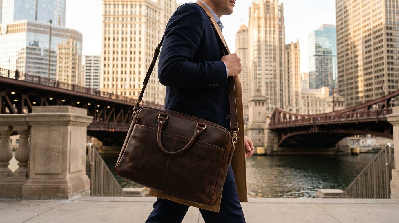 Professional carrying a leather bag during everyday life in Chicago